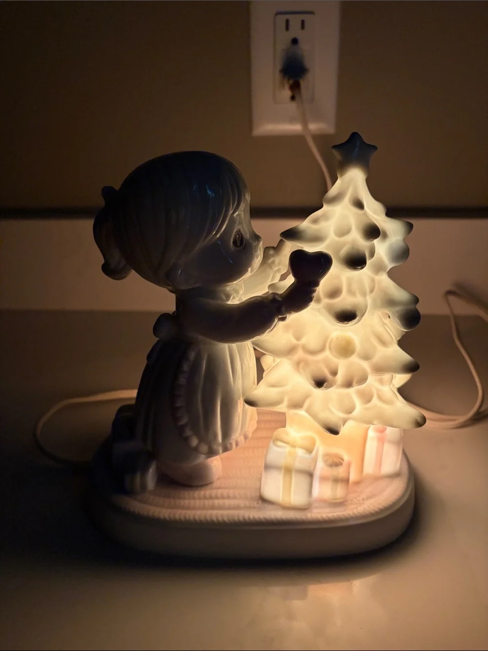 Precious Moments White Porcelain Girl with Christmas Tree Nightlight